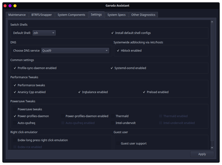 more config options such as setting the firewall system or default shell