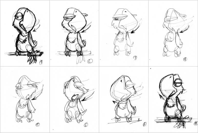 A picture of keyframes of a cartoon parrot